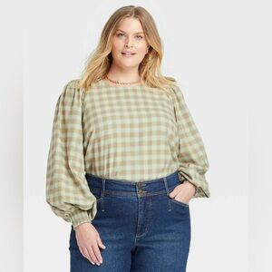 Ava & Viv Plus Size 3XL Green Plaid Pleated Blouse Balloon Balloon Sleeve